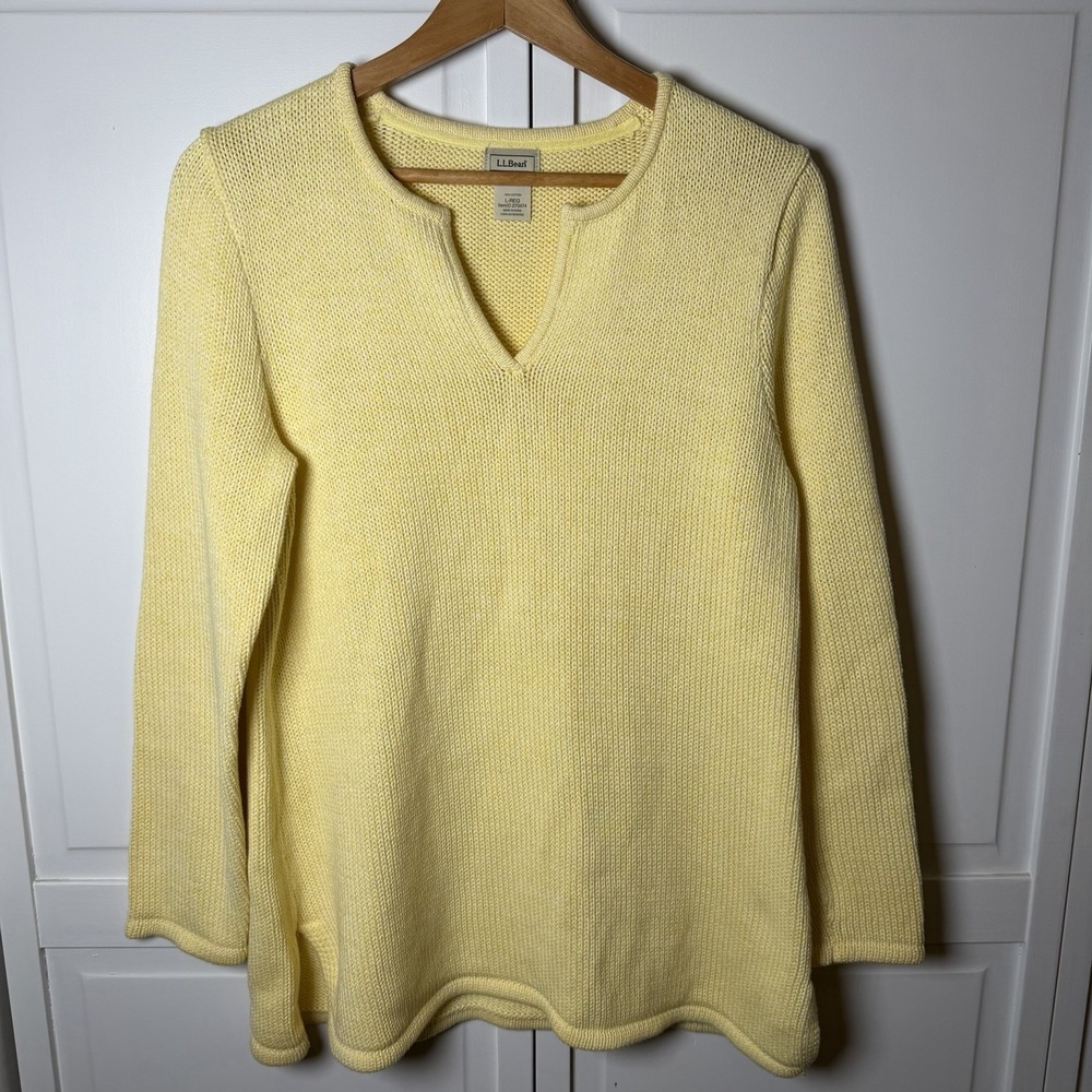 L. L. Bean Women's Butter Yellow Cotton Notch Neck Sweater Heavy‎ Knit Large